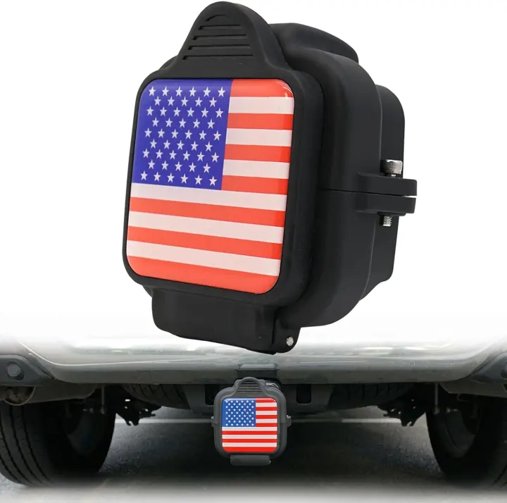 2-Inch Nylon American Flag Hitch Cover — Blue, Red & Chrome