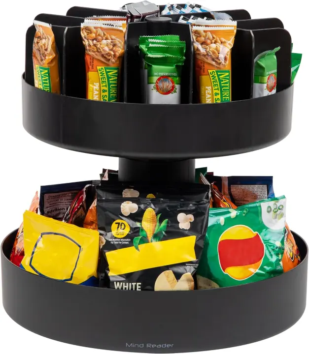 2-Tier Rotating Snack Carousel Countertop Organizer — Black, 14.25 in