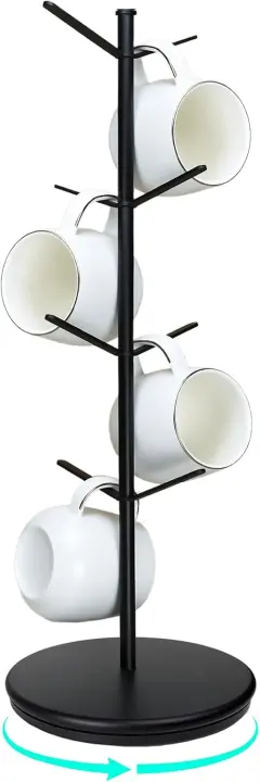 360° Rotating Mug Tree — Large Metal & Bamboo Cup Rack with 8 Hooks